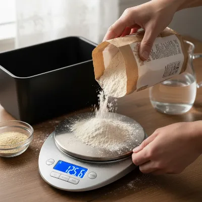 A person accurately weighing flour on a digital kitchen scale next to a bread maker, emphasizing precise ingredient measurement.