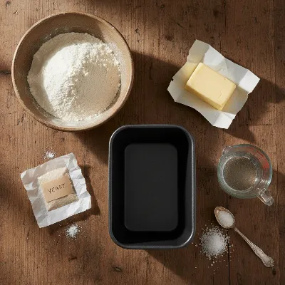 Various baking ingredients like flour, yeast, butter, and water measured precisely, arranged around a small, empty bread maker pan on a wooden table, emphasizing preparation.