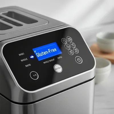 A close-up of a modern gluten-free bread maker's control panel, showing dedicated GF settings and customizable options.
