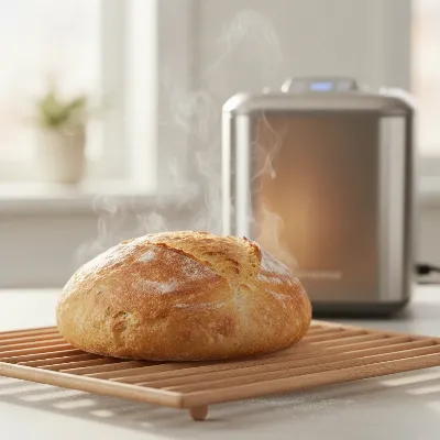 A perfectly baked loaf of white bread resting on a cooling rack next to a modern bread maker, steam subtly rising, in a sunlit kitchen.