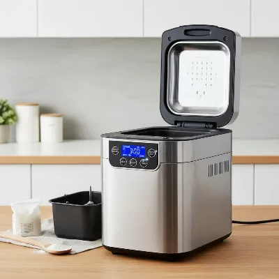 A sleek, modern bread maker on a clean kitchen counter, highlighting its user-friendly control panel and an open lid showing the nonstick bread pan inside.