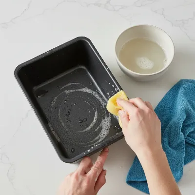 A person cleaning the nonstick pan of a Hamilton Beach Artisan Dough Bread Maker with a soft sponge, illustrating maintenance tips.