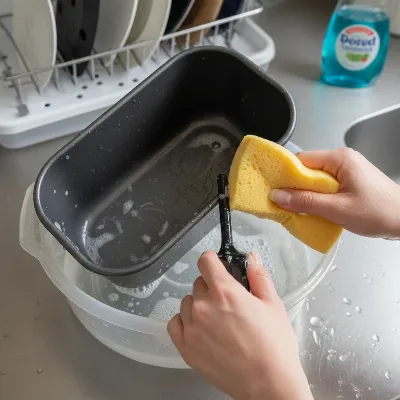 Hand cleaning the non-stick bread pan of an Oster Expressbake Bread Maker for longevity.