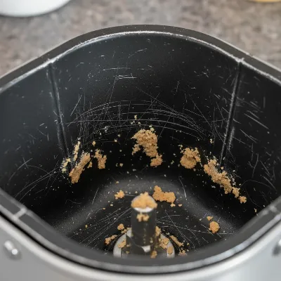 Close-up of a scratched non-stick bread maker pan with visible marks and a dough residue