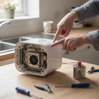 A person troubleshooting a noisy bread maker in a home kitchen setting, showing hands inspecting the machine's base