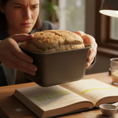A person's hands gently inspecting a bread loaf that didn't rise properly in a bread maker pan, with a recipe book open in the background, illustrating a troubleshooting scenario.