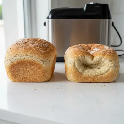 Comparison of a perfectly baked bread maker loaf and a collapsed, sunken bread machine loaf with a crater