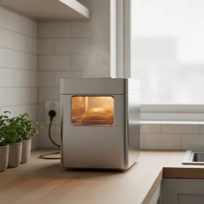 A sleek, compact bread maker perfectly sized for a modern apartment kitchen countertop, baking a small loaf.