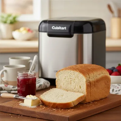 A freshly baked 1.5lb loaf of white bread, with a medium crust, resting on a cooling rack next to the Cuisinart CBK-110 bread maker.