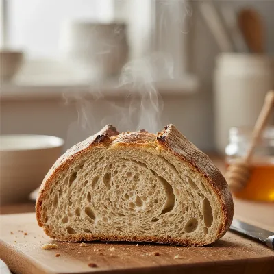 A perfect slice of warm, crusty bread from a Pohl Schmitt bread maker, ready to eat