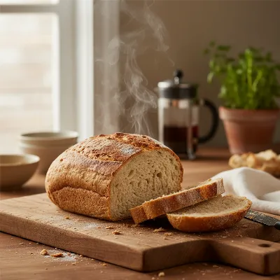 A freshly baked gluten-free bread loaf on a wooden cutting board with slices, steam rising, in a warm kitchen setting.