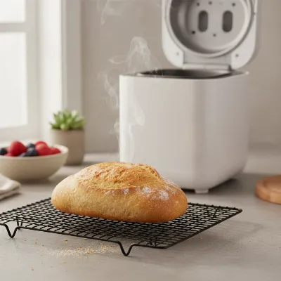 A perfectly baked, golden-brown 1-pound loaf of bread cooling on a wire rack on a modern kitchen counter, steam gently rising.