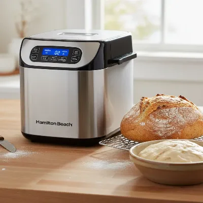 Hamilton Beach Artisan Dough Bread Maker displaying its digital controls and various bread types it can produce.