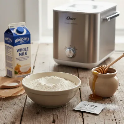 Fresh ingredients for homemade bread baking with a budget bread maker nearby