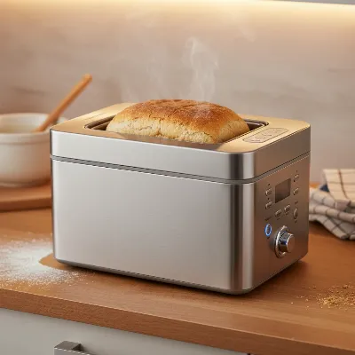 Horizontal bread maker baking a traditional, wide loaf of white bread, perfect for sandwiches