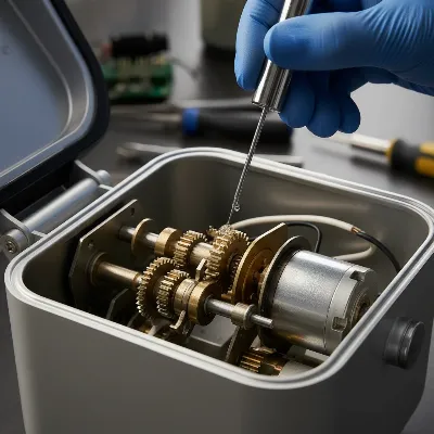 A detailed shot of internal bread maker gears being lubricated with a specialized applicator