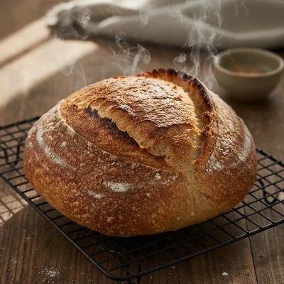 Freshly baked golden-brown loaf of bread from Panasonic SD-YR2550 on a cooling rack, steam gently rising