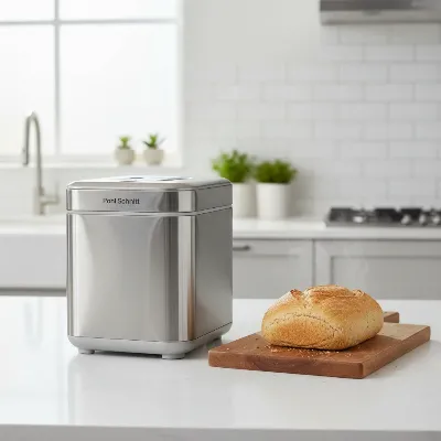 Pohl Schmitt Stainless Steel Bread Maker on a modern kitchen counter with a freshly baked loaf
