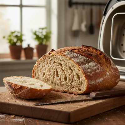 Freshly baked sourdough loaf from a bread maker, showing a beautiful crust and airy interior, on a wooden cutting board with a knife.