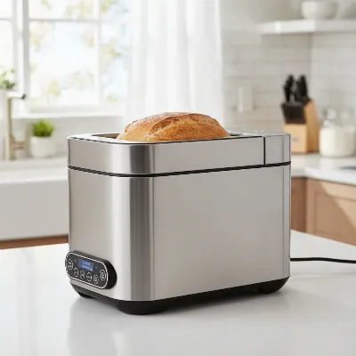 Stainless steel bread maker with fresh loaf in a modern kitchen setting