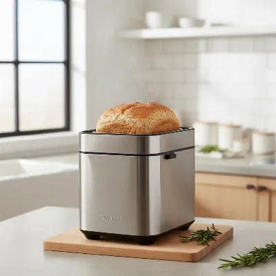 Compact vertical bread maker on a small kitchen counter, showing a tall, square loaf of bread