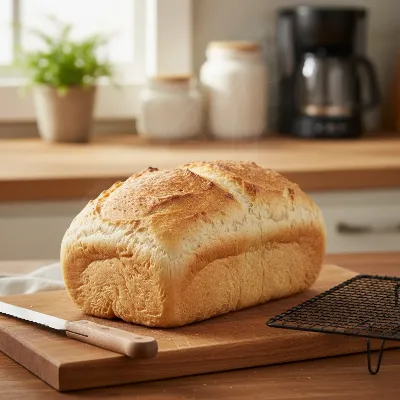 A perfectly baked 2-pound horizontal white bread loaf from Zojirushi Virtuoso Plus.