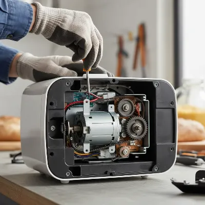 Bread maker turned over with bottom panel being unscrewed for drive belt access