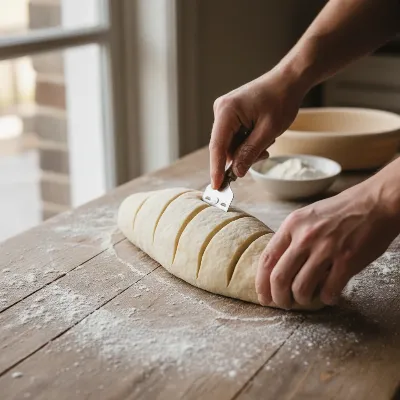 Hands shaping bread dough into baguettes and scoring them before baking.