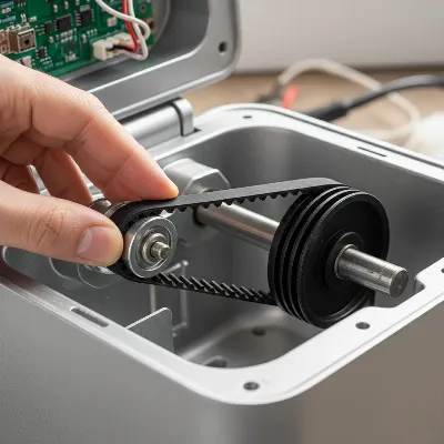 New drive belt being installed onto bread maker pulleys for repair